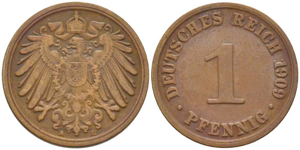 ГЕРМАНИЯ 1 ПФЕННИГ 1909 A KM 10, J. 10, Weege 2 медь 211-416