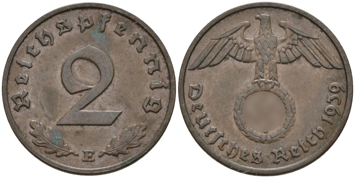 Германия 2 рейхспфеннига 1939 E KM 90, J. 362 бронза 4151-145