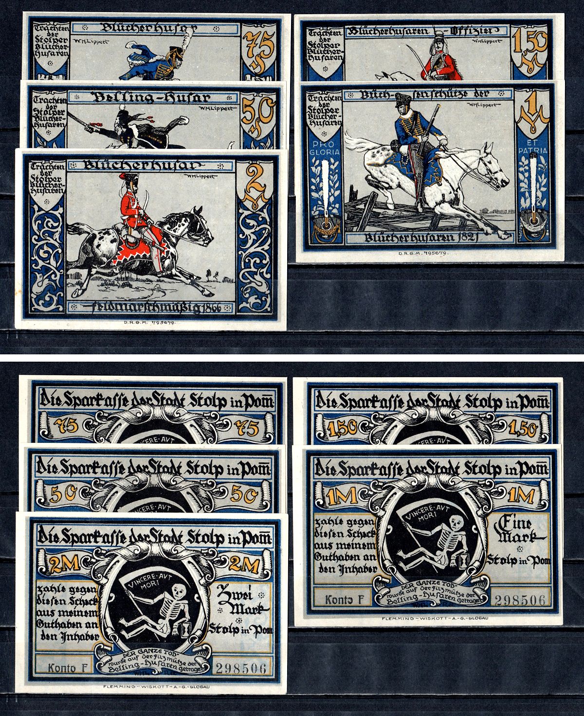 Штольп (Пруссия, Померания) полный набор из 5 нотгельдов (50 и 75 пфеннигов; 1, 1,5 и 2 марки) 1922 Mehl Grabowski 1275.3 бумага UNC (пресс) 7556-58-2-1