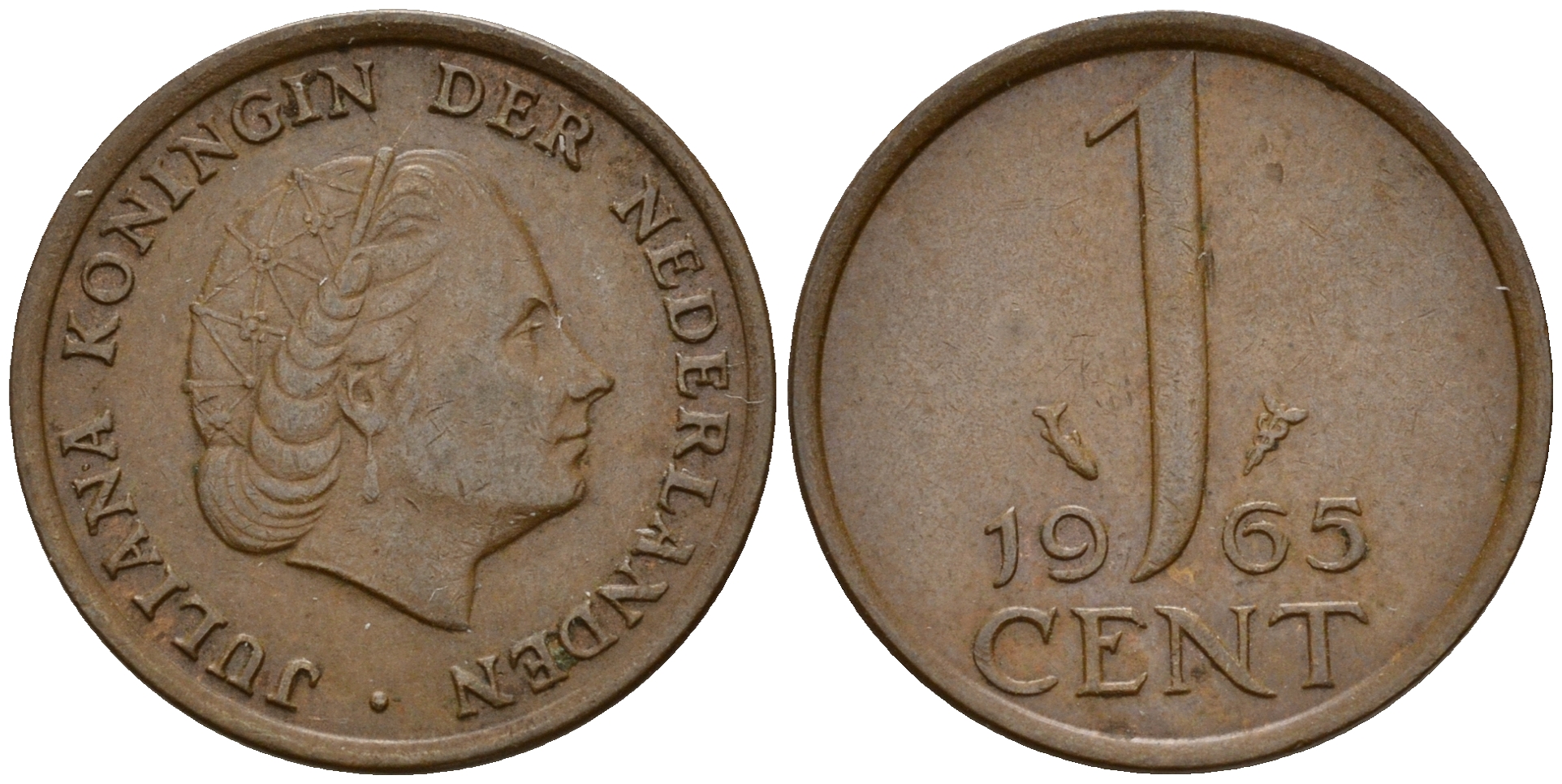 Нидерланды 1 цент 1965 Юлиана (1949-1980) KM 180 бронза    4598-243