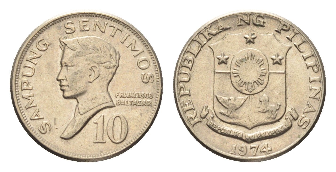 Филиппины 10 сентимо 1974 KM 198 медно-никель UNC 4668-666