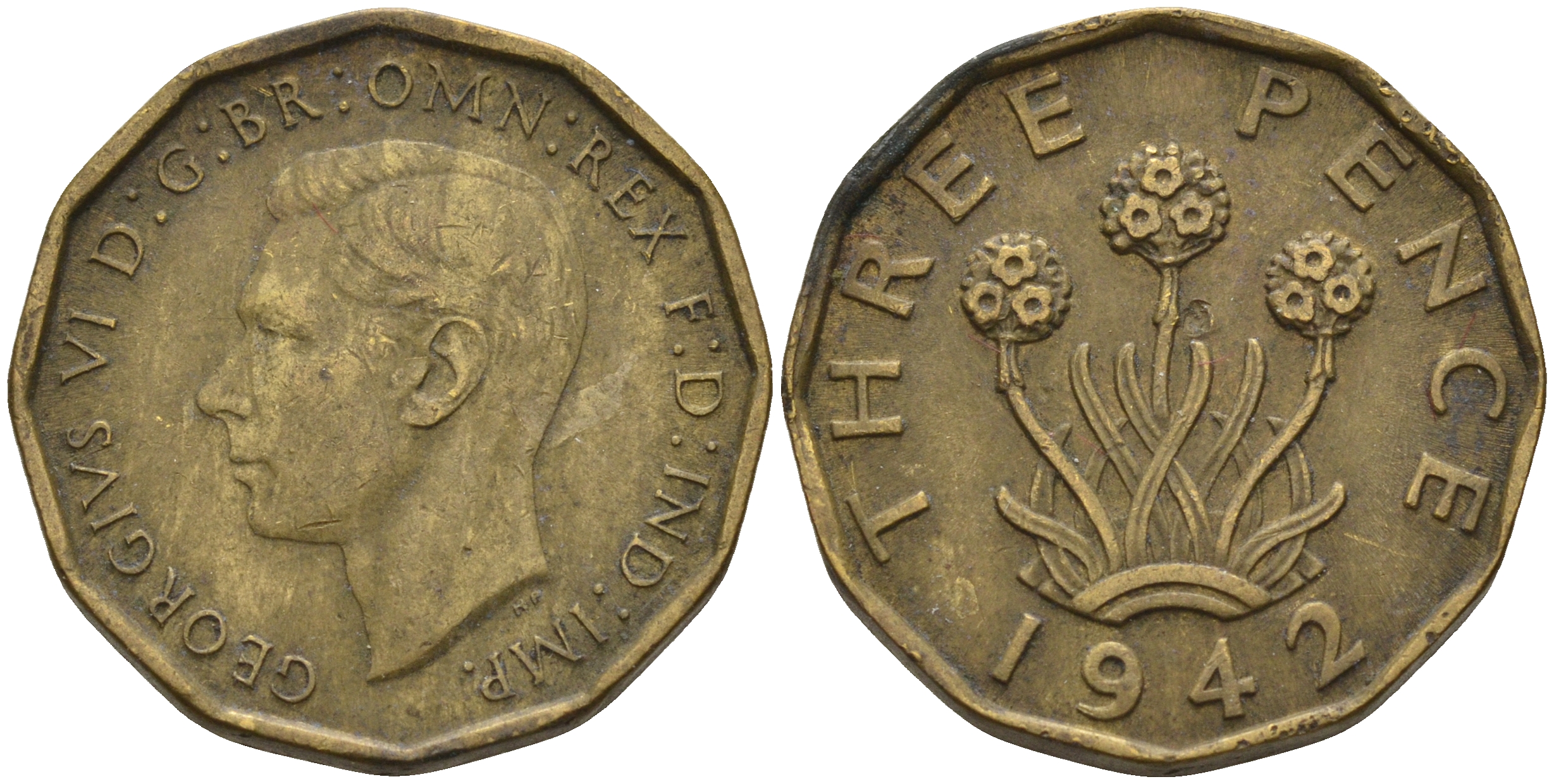 Великобритания 3 пенса 1942 Георг VI (1936-1952) KM 849, Spink 4112 никель латунь 4603-155