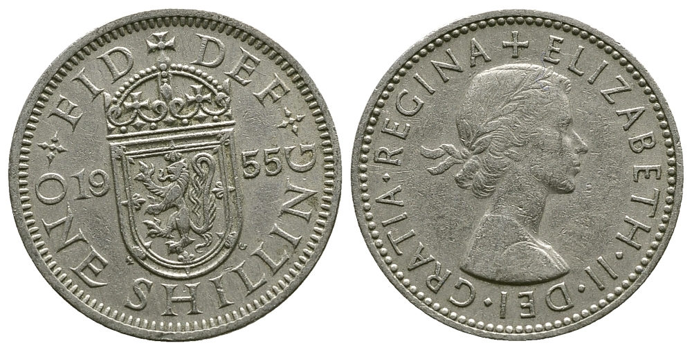 Великобритания 1 шиллинг 1955 Елизавета II (1952-2022), Шотландский герб KM 905, Spink 4148 медно-никель 4384-556