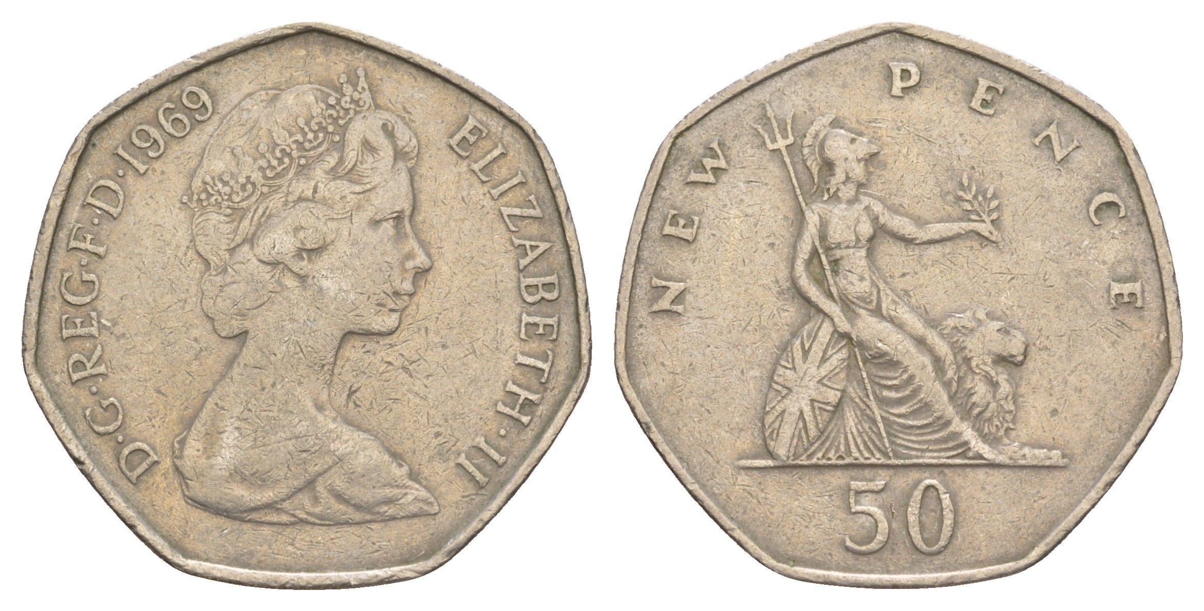 Великобритания 50 пенсов 1969 Елизавета II (1952-2022) KM 913, Spink 4223 медно-никель 4634-543