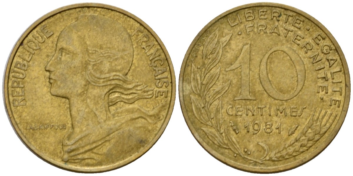 Франция 10 сантимов 1981 тип Marianne KM 929 алюминиевая бронза 4391-244