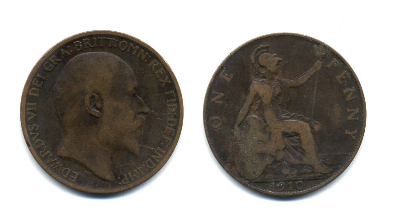 Великобритания 1 пенни 1910 Эдуард VII (1901-1910) KM 794.2, Spink 3990 бронза 47-734