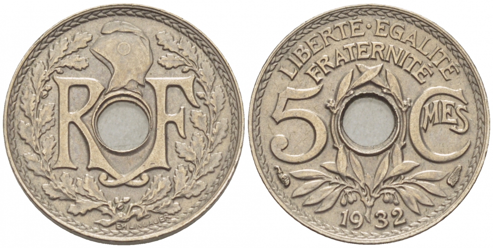 ФРАНЦИЯ 5 САНТИМОВ 1932 ТИП ЛИНДАЙЁ KM 875 медно-никель 3309-1021