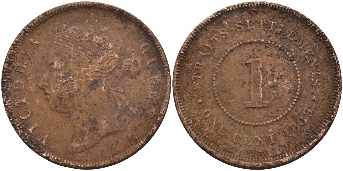Стрейтс-Сетлментс 1 цент 1889 Виктория (1837-1901), Ост-Индская компания KM 16 бронза 4590-442