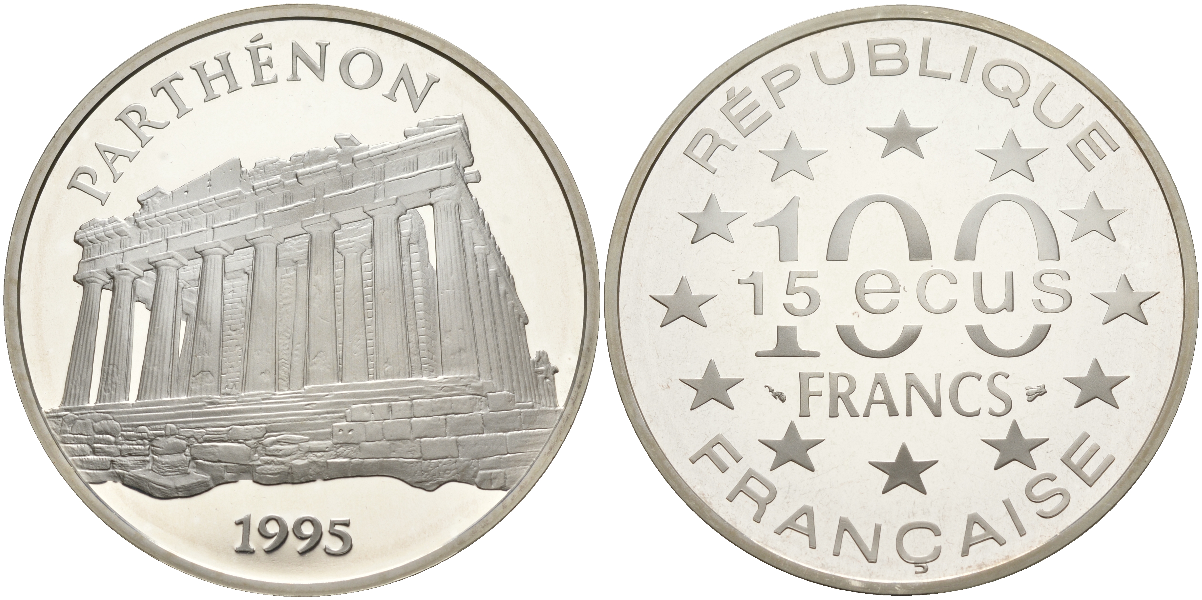 Франция 100 франков - 15 экю 1995 серия архитектурные монументы Европы (Парфенон в Афинах), в коробке с сертификатом KM 1114 серебро  PROOF  5-6-1-39