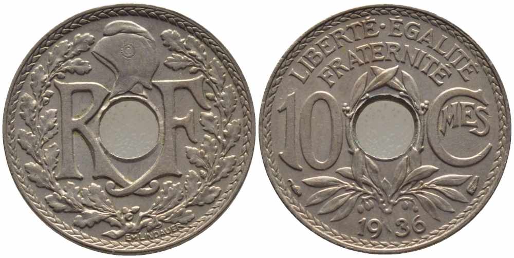 ФРАНЦИЯ 10 САНТИМОВ 1936 ТИП ЛИНДАЙЁ KM 866а, LE FRANC 138.23 медно-никель 108-225