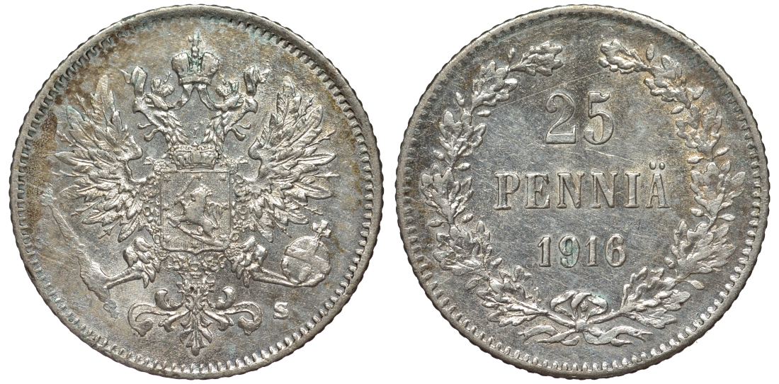 Россия для Финляндии 25 пенни 1916 S, Николай II (1894-1917) KM 6.2, Биткин 421 серебро 75-1331