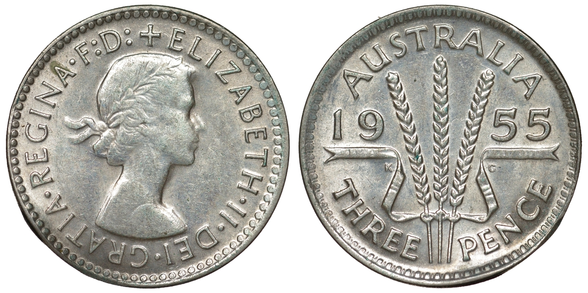 Австралия 3 пенса 1955 m, Елизавета II (1952-2022) KM 57 серебро 71-442