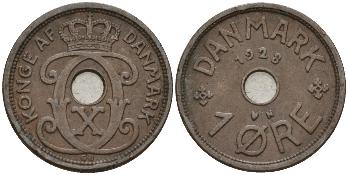 Дания 1 эре 1928 Кристиан X (1912-1947) KM 826 бронза 4147-419