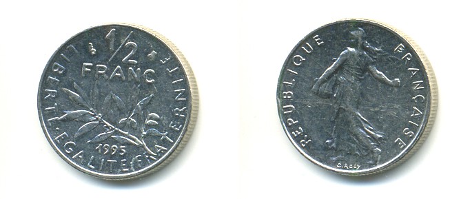 ФРАНЦИЯ 1/2 ФРАНКА 1995 KM 931.1 никель 57-1114