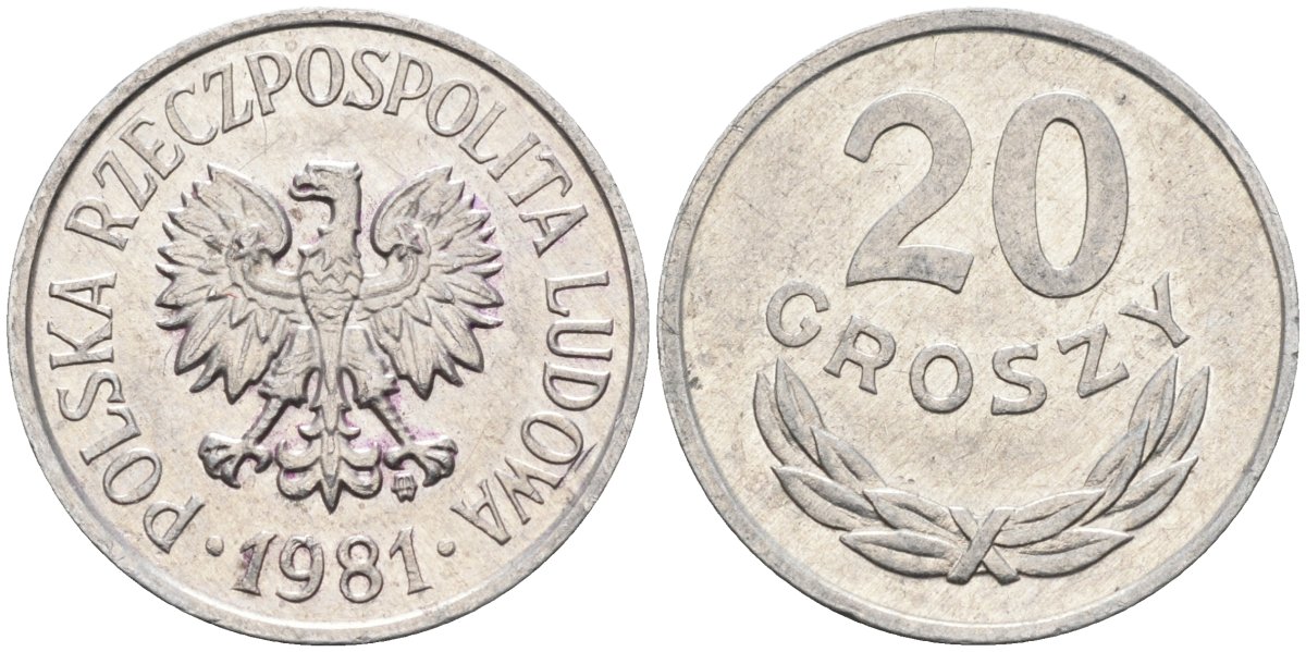Польша 20 грошей 1981 MW, Народная Республика KM А47, Parchimowicz 208v алюминий aUNC 4580-664
