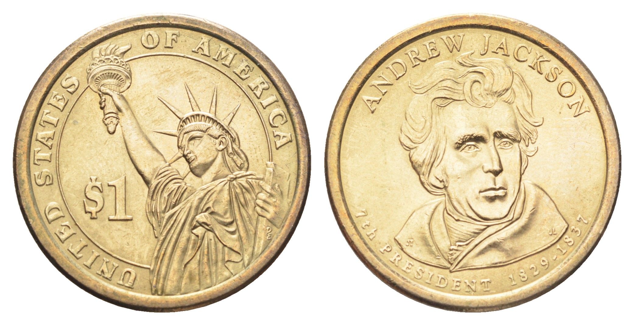 США 1 доллар 2008 D, Президент США - Эндрю Джексон (1829-1837) KM 428 медь с марганцево-латунным покрытием UNC 4703-1221