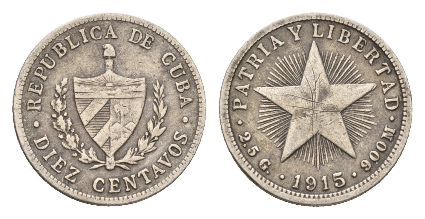Куба 10 сентаво 1915 KM A12 серебро 4392-711