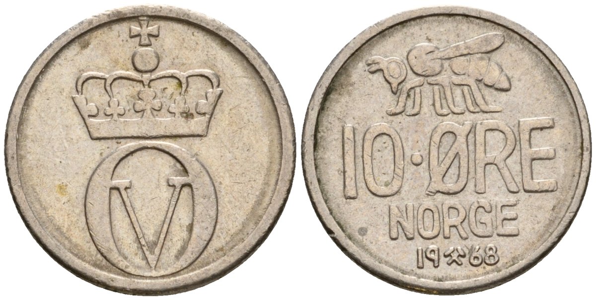 Норвегия 10 эре 1968 пчела, Улаф V (1958-1991) KM 411 медно-никель 4602-254