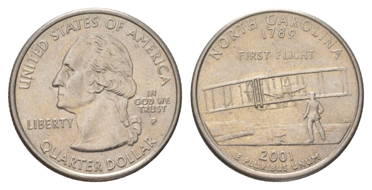 США 25 центов (квотер, 1/4 доллара) 2001 P, Квотер штата Северная Каролина KM 319 медь плакированный медно-никелем UNC 4628-1147