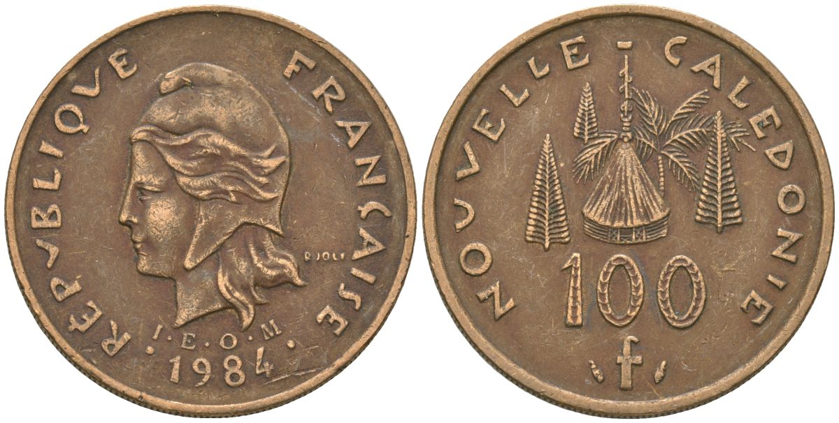 Французская Новая Каледония 100 франков 1984 хижина среди сосен и пальм, (IEOM) KM 15, Schoen 16, Lec 134 никель латунь 4137-645