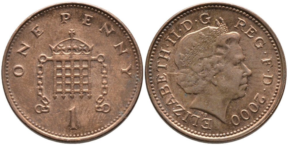 Великобритания 1 пенни 2000 Елизавета II (1952-2022) KM 986, Spink 4710 (B5) сталь плакированная медью 65-916