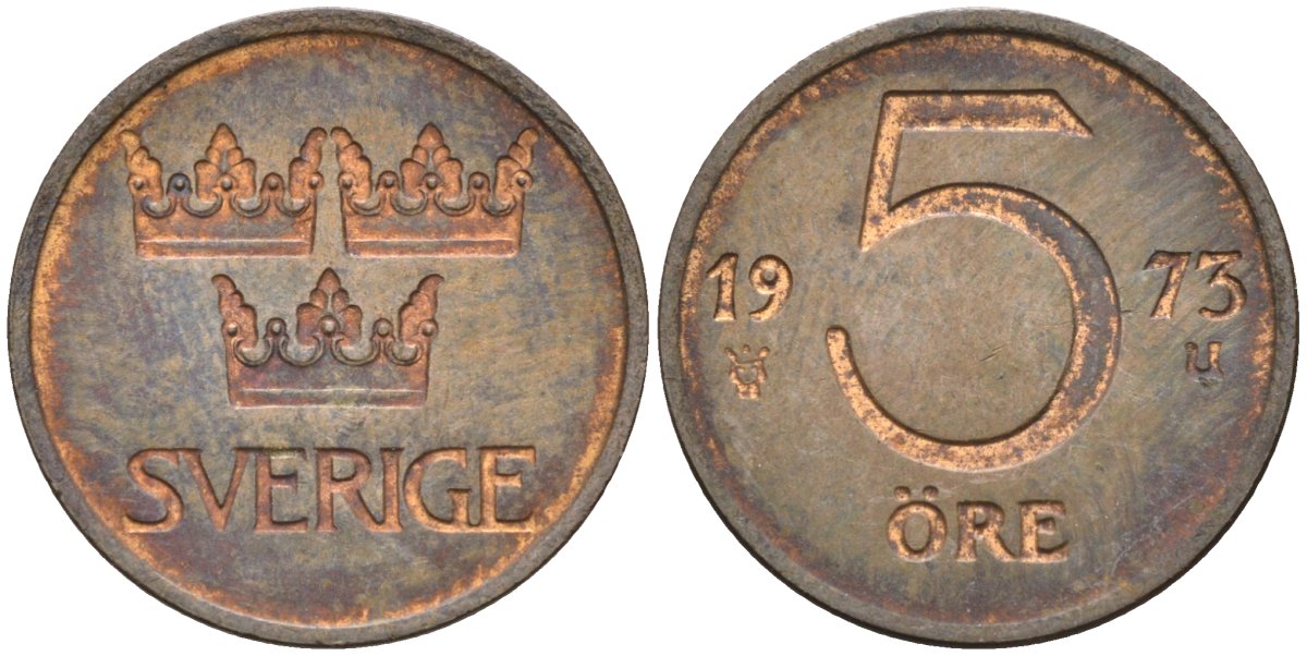 Швеция 5 эре 1973 Густав VI Адольф (1950-1973) KM 845 бронза 4585-317