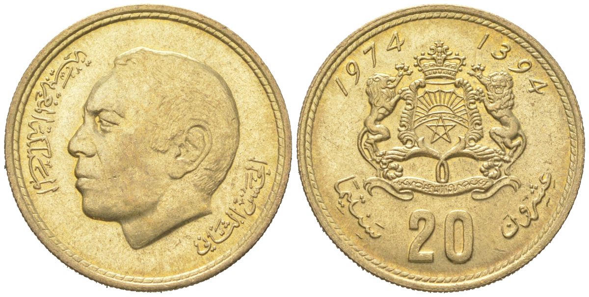Марокко 20 сантимов 1974 AH1394, Аль Хассан II (1962-1999) Y 61 медь алюминий никель 4364-3753