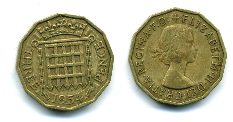 Великобритания 3 пенса 1954 Елизавета II (1952-2022) KM 900, Spink 4153 никель латунь 89-1142