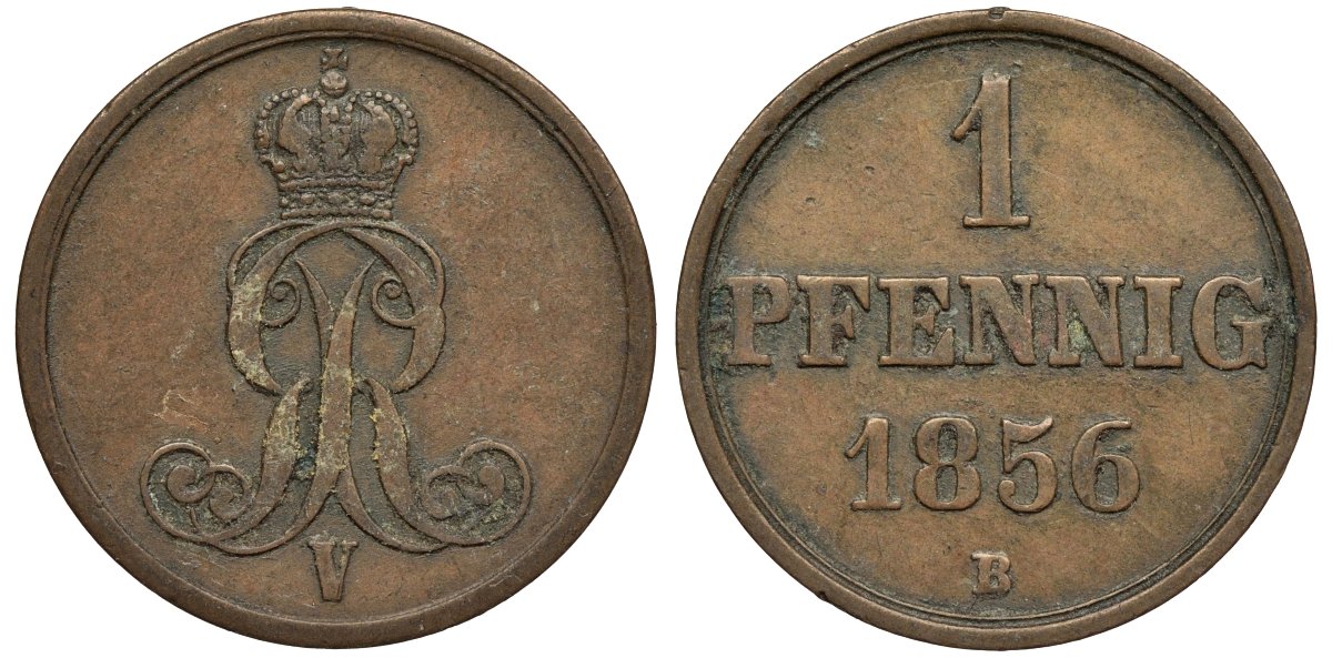 Ганновер 1 пфенниг 1856 B, Георг V KM 221, AKS 155, J. 83 медь 4594-228