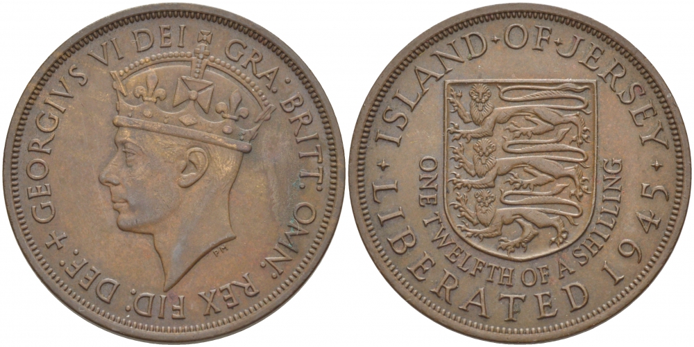 Джерси 1/12 шиллинга 1945 Георг VI (1937-1952), освобождение Джерси KM 19 бронза 4403-1113
