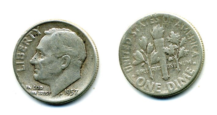 США 10 центов (дайм) 1957 президент Рузвельт KM 195 серебро 76-233
