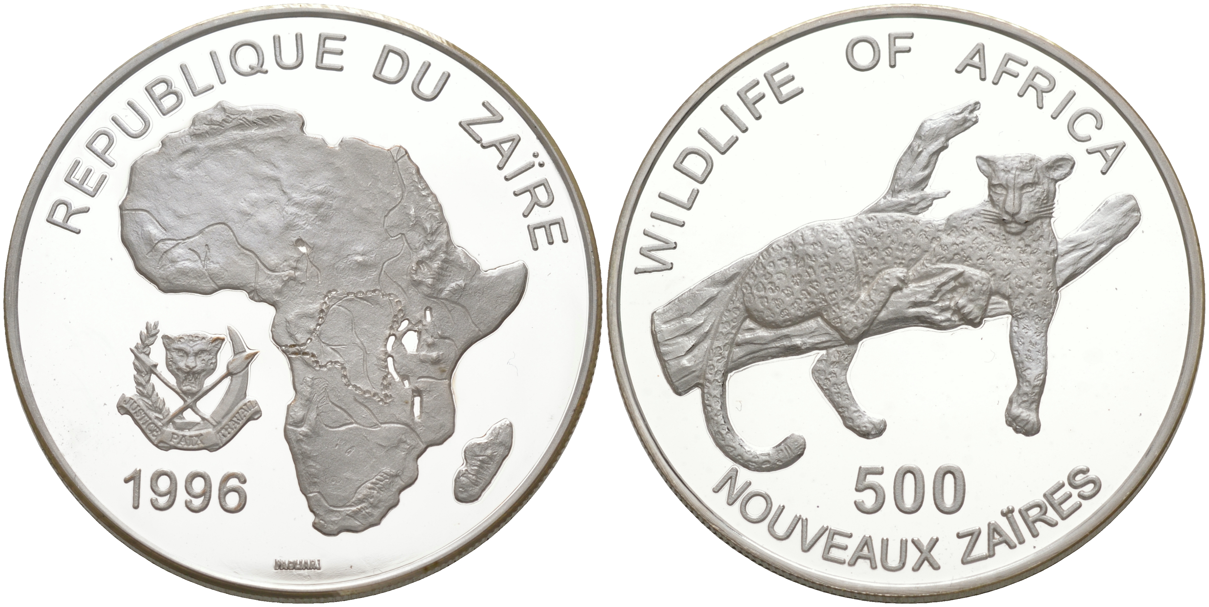 Заир 500 новых заиров 1996 серия защита окружающей среды, леопард, тираж 10000 экз. KM 20 серебро PROOF 1074-5-61