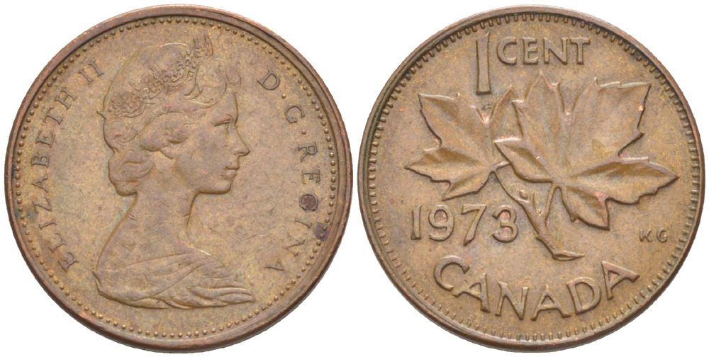 Канада 1 цент 1973 Елизавета II (1952-2022), кленовый лист KM 59.1 бронза 4181-1251