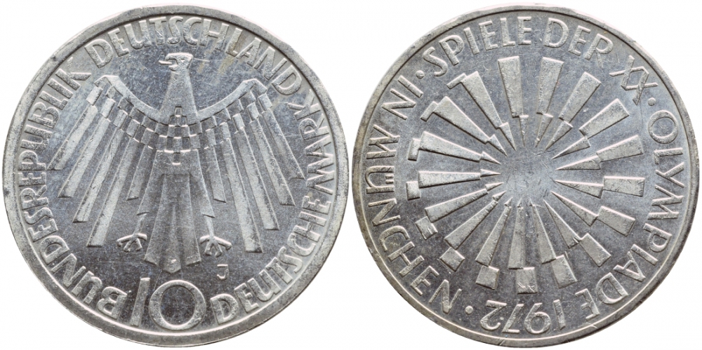 ФРГ 10 МАРОК 1972 J, ОЛИМПИАДА, СПИРАЛЬ KM 134.1, J.401b серебро UNC 1520-1424