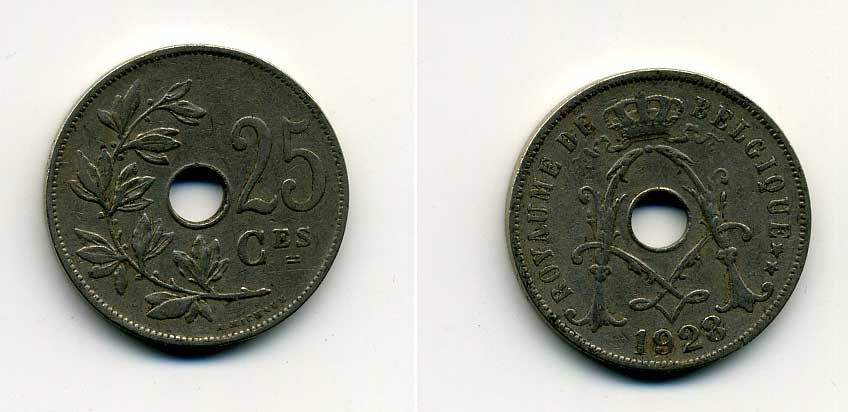 БЕЛЬГИЯ 25 САНТИМОВ 1928 BELGIQUE KM 68.1 медно-никель 37-1254