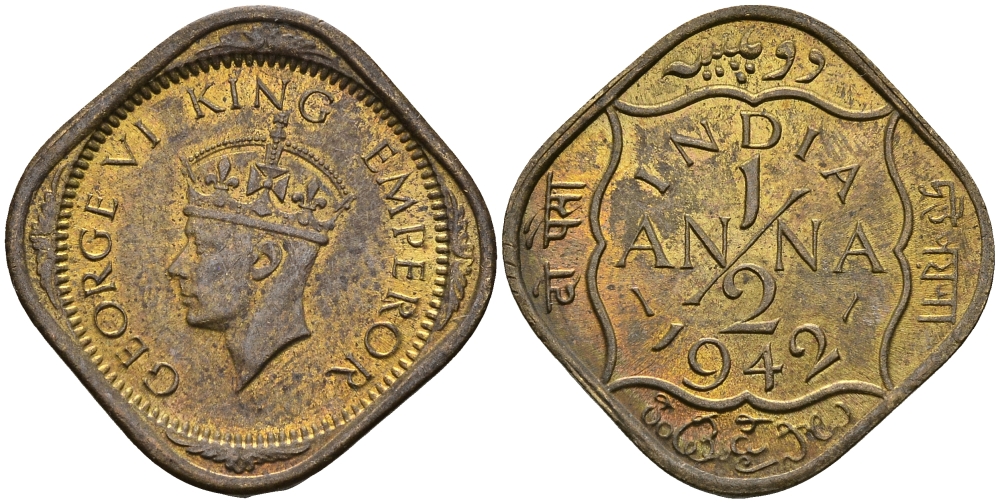 Британская Индия 1/2 анна 1942 Георг VI (1936-1952) KM 534b никель-латунь UNC 94-833
