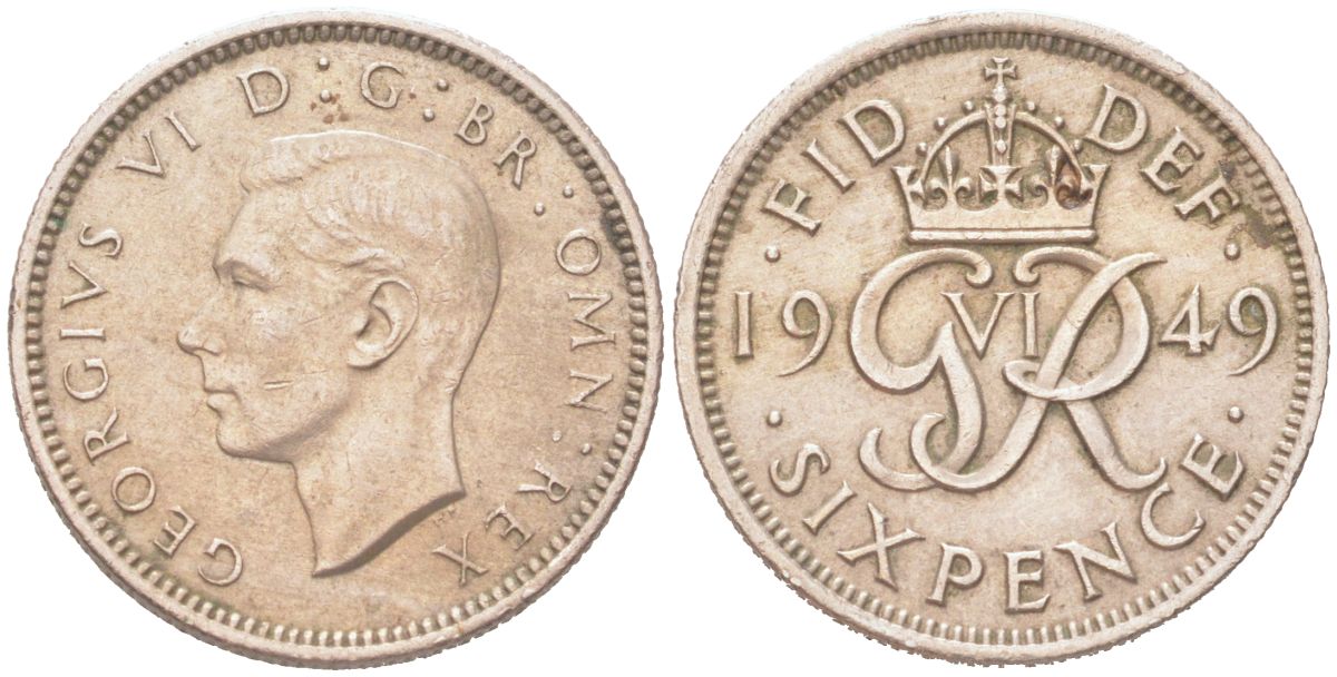 Великобритания 6 пенсов 1949 Георг VI (1936-1952) KM 875, Spink 4110 медно-никель 4614-823
