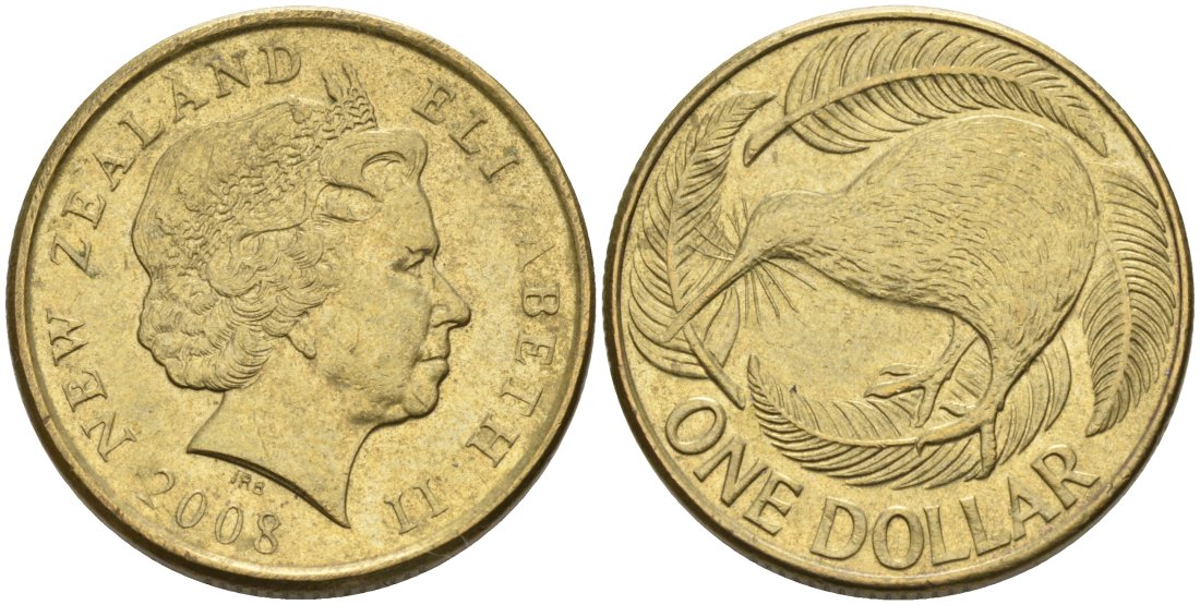 Новая Зеландия 1 доллар 2008 Елизавета II (1952-2022), птица киви  KM 120 алюминиевая бронза 56-1425