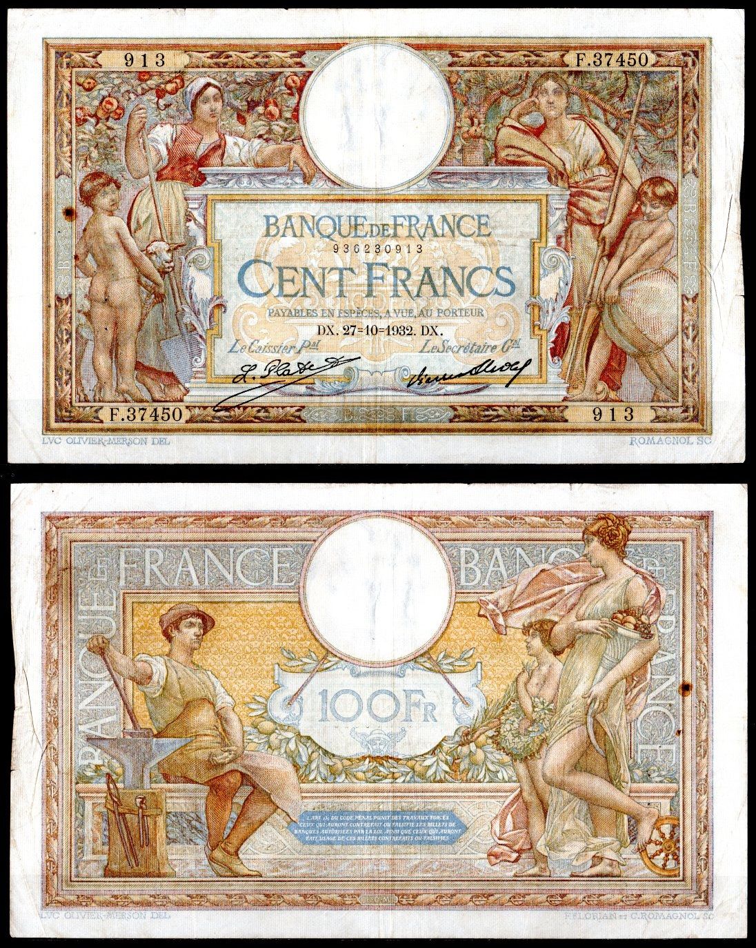 Франция 100 франков 1932 Pick 78 b бумага 7183-3-2-2