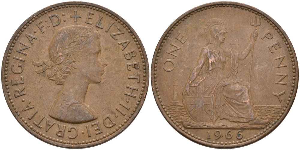 Великобритания 1 пенни 1966 Елизавета II (1952-2022) KM 897, Spink 4157 бронза 4574-245