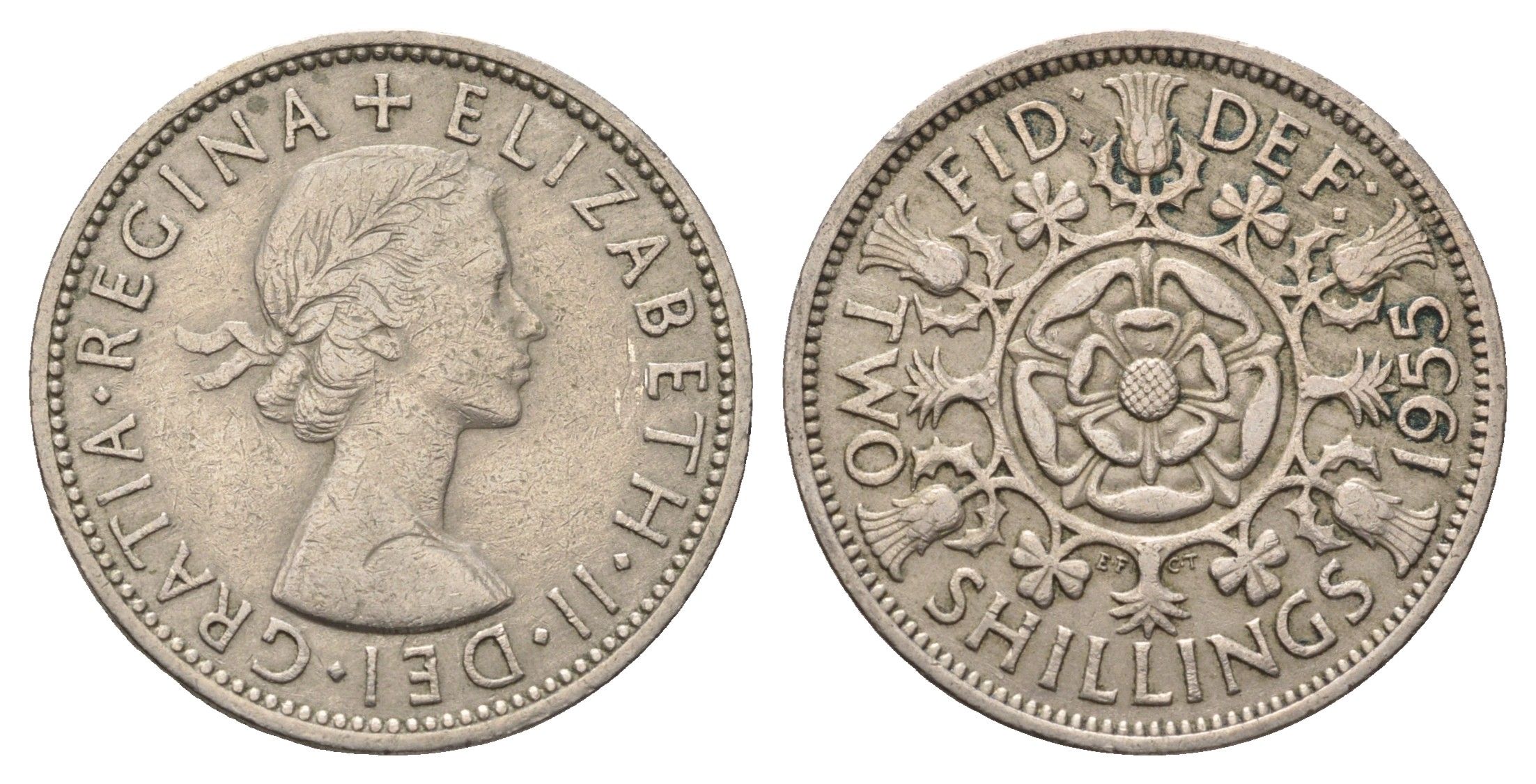 Великобритания 2 шиллинга (флорин) 1955 Елизавета II (1952-2022) KM 906, Spink 4146 медно-никель 4692-343