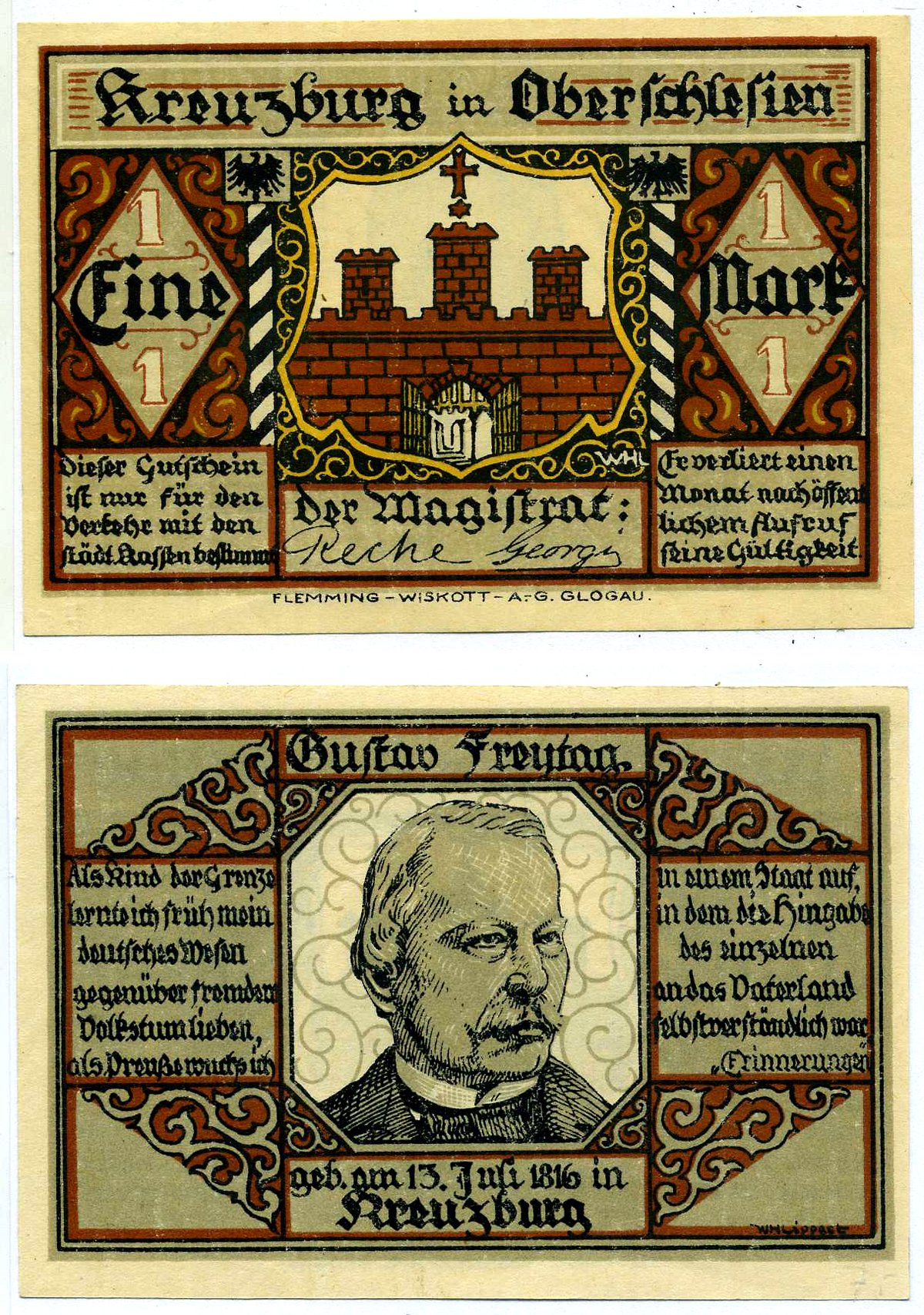 КРОЙЦБУРГ 1 МАРКА ND НОТГЕЛЬД, НОМЕР I (GUSTAV FREYTAG), ЗЕМЛЯ ТЮРИНГИЯ Grabowski 744.3b бумага 2193-13-3-1