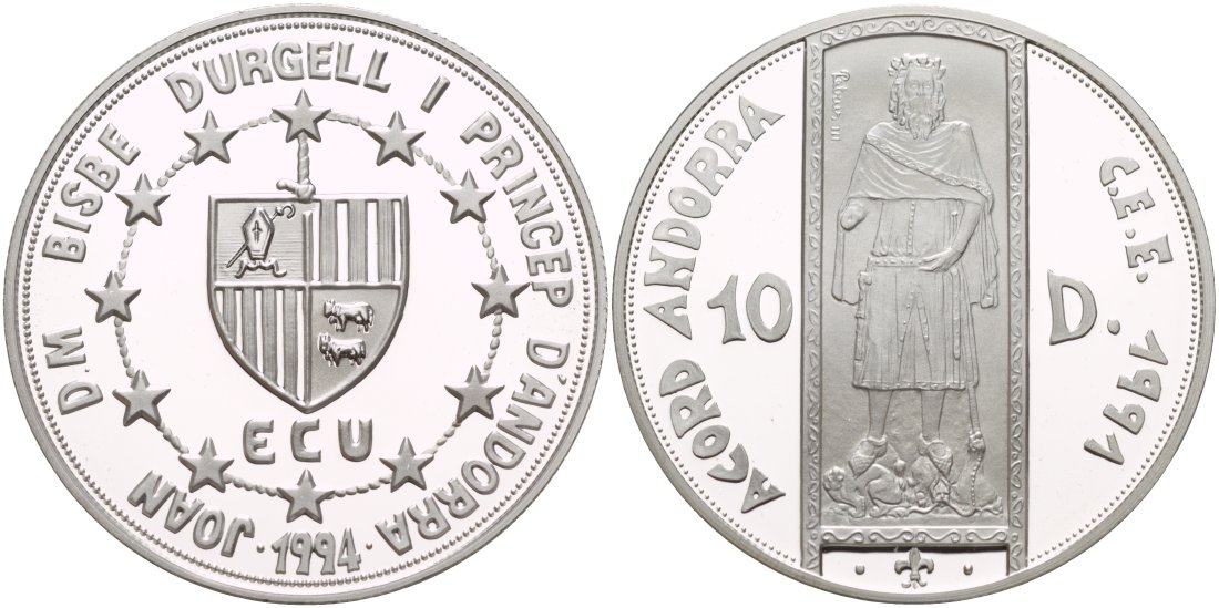 Андорра 10 динеров 1994 таможенный союз ECU, король Арагона и Валенсии, граф Барселоны Педро III KM 99 серебро PROOF 1088-9-21