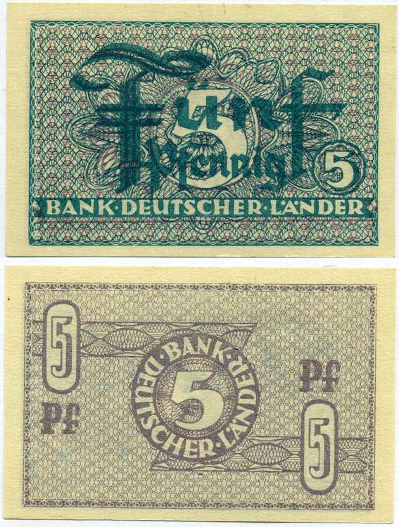 ФРГ 5 ПФЕННИГОВ 1948 BANK DEUTSCHER LANDER Pick 11a, Rosenberg 250b бумага UNC (ПРЕСС) 8613-14-3-2