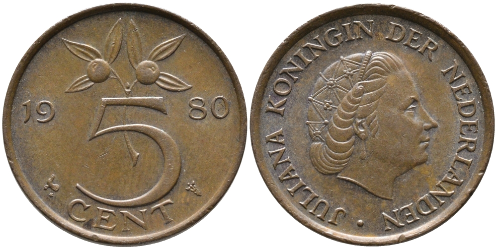 Нидерланды 5 центов 1980 Юлиана (1948-1980) KM 181 бронза 65-1236