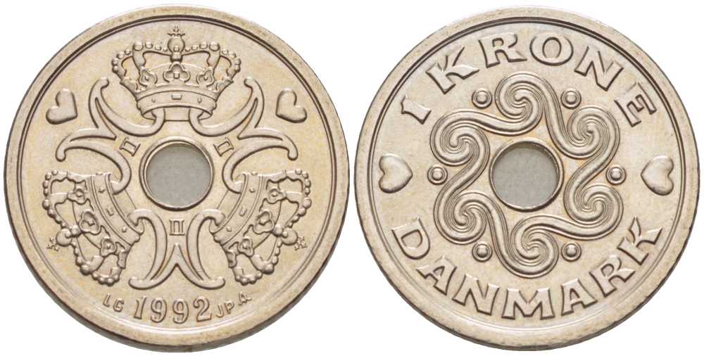 ДАНИЯ 1 КРОНА 1992 LG; JP; A, МАРГРЕТЕ II (1972-) KM 873.1 медно-никель 202-834