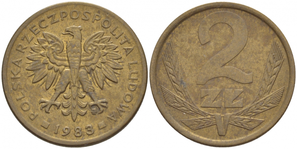ПОЛЬША 2 ЗЛОТЫХ 1983 MW KM 80.1 латунь 4548-522