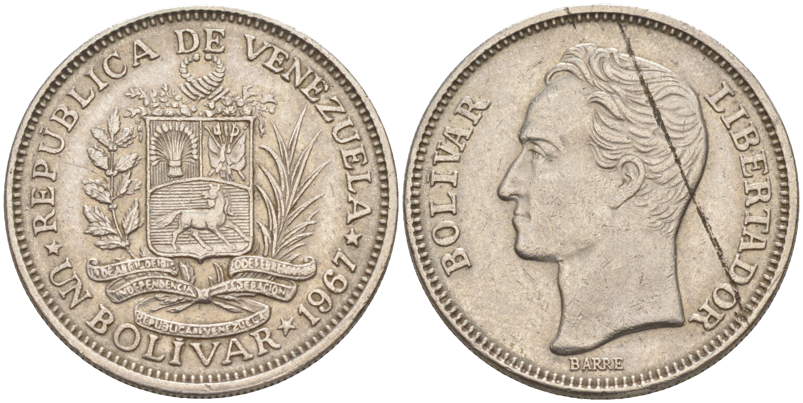 Венесуэла 1 боливар 1967 Симон Боливар KM 42 никель 63-243