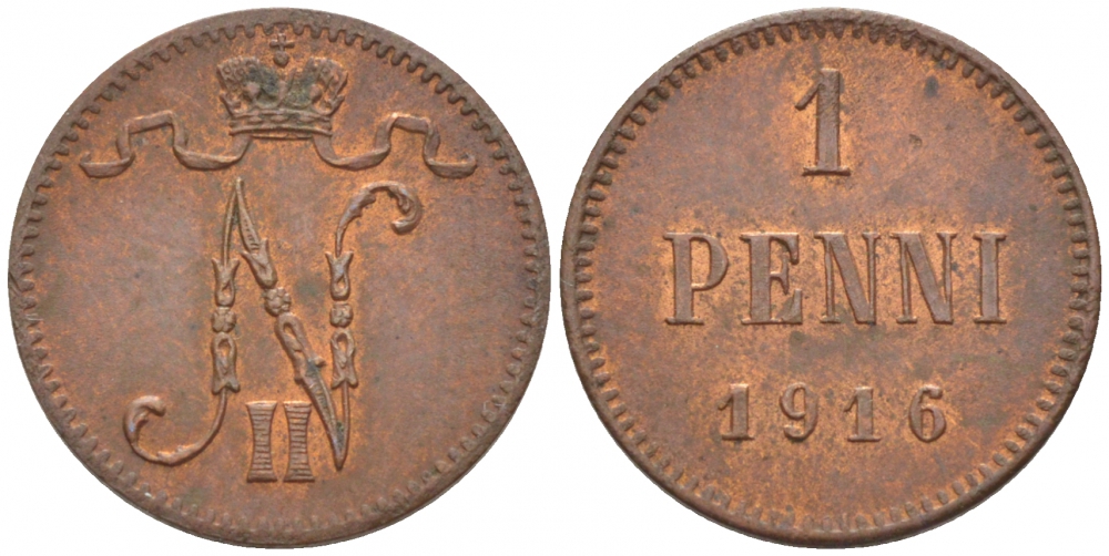 РОССИЯ ДЛЯ ФИНЛЯНДИИ 1 ПЕННИ 1916 НИКОЛАЙ II (1895-1917) KM 13, Биткин 476 медь 211-1055