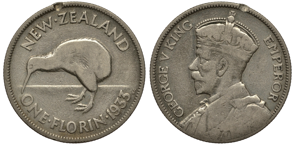 Новая Зеландия 1 флорин 1933 Георг V (1910-1936), птичка киви KM 4 серебро 272-1214